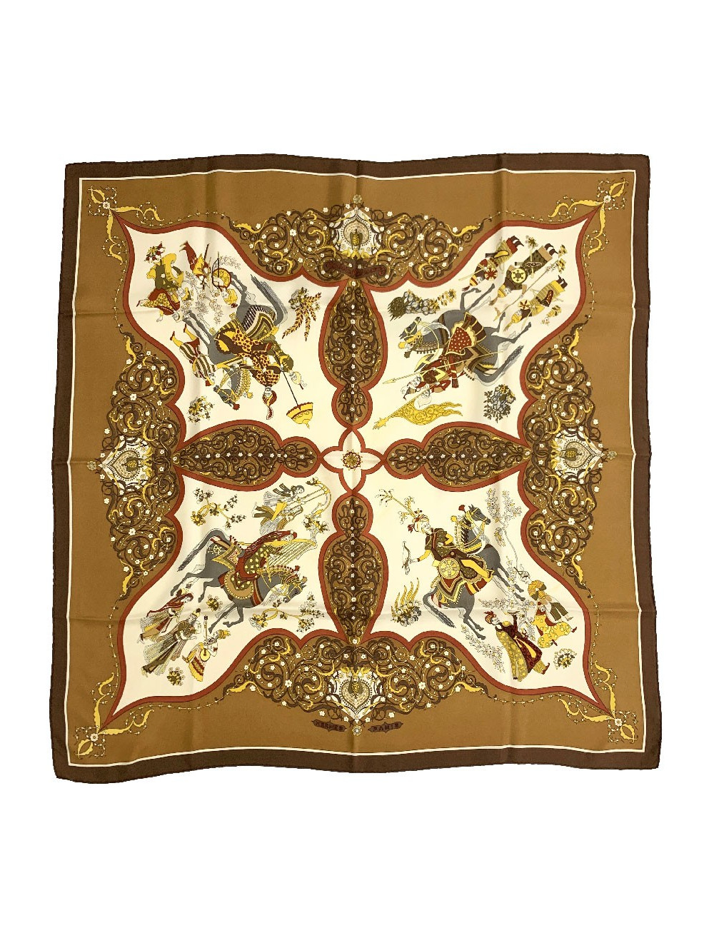 Carré HERMES " Poésie persane" en soie marron