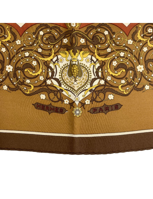 Carré HERMES " Poésie persane" en soie marron