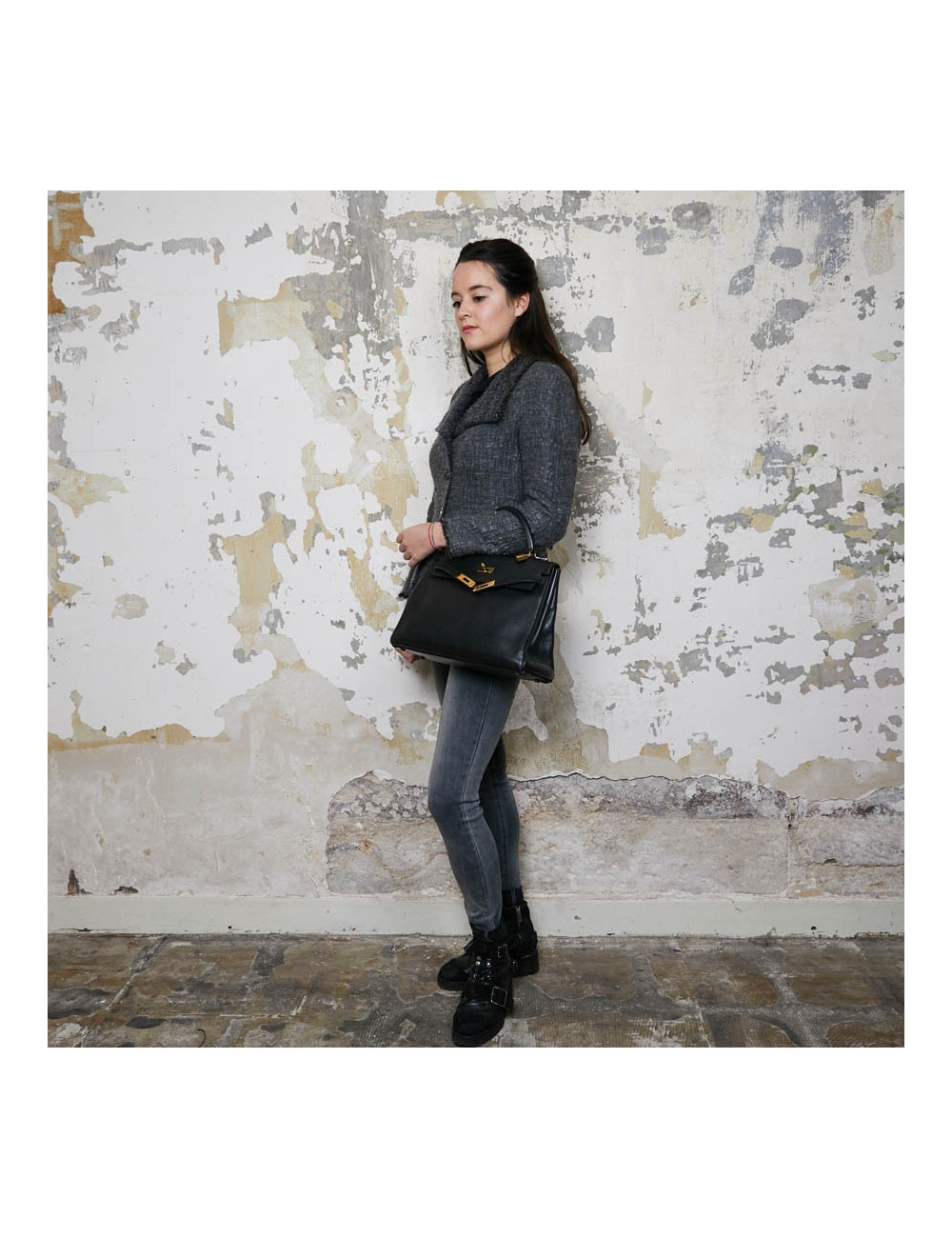 Sac Kelly 32 HERMES cuir grainé noir 