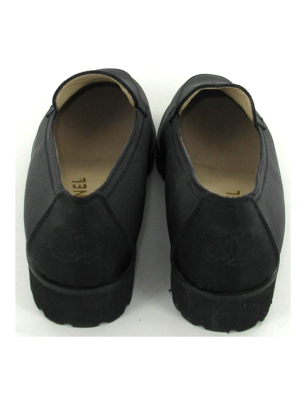 Mocassins CHANEL T 39.5 en toile satinée noire