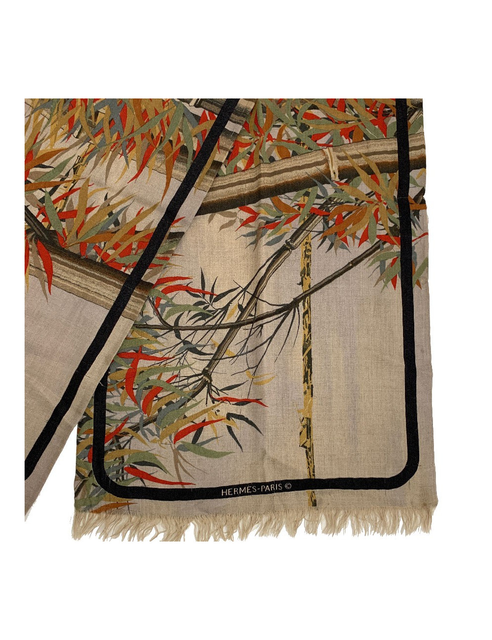 Echarpe homme Hermes cachemire marron dessin branches de bambou