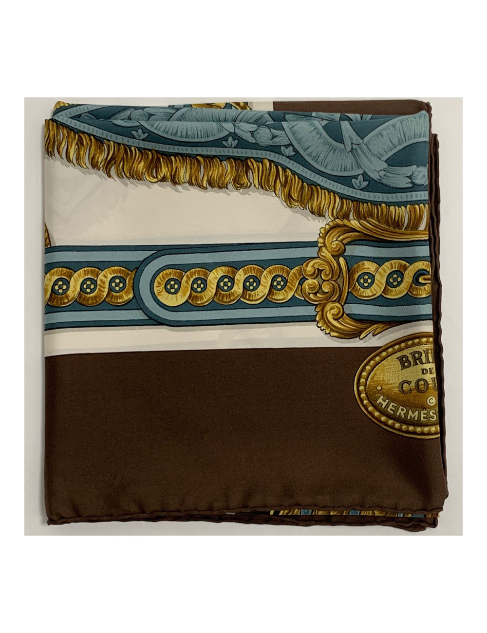 Carré HERMES Bride de Cour en soie marron