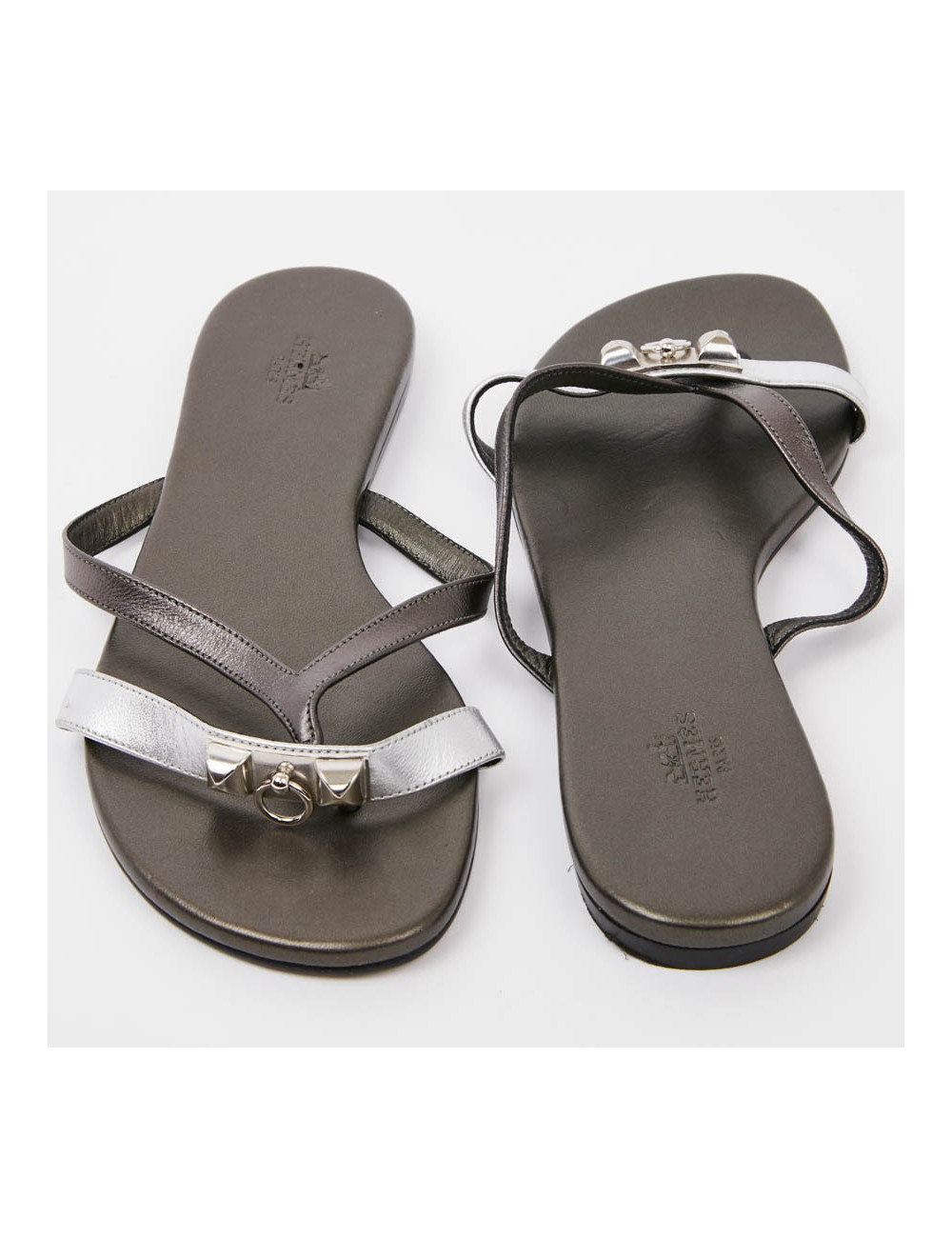 Sandales HERMES Corfou T37,5 cuir vert et argent