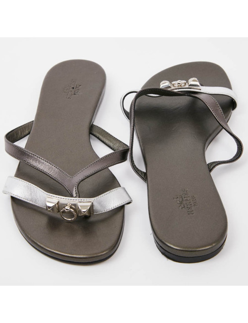 Sandales HERMES Corfou T37,5 cuir vert et argent