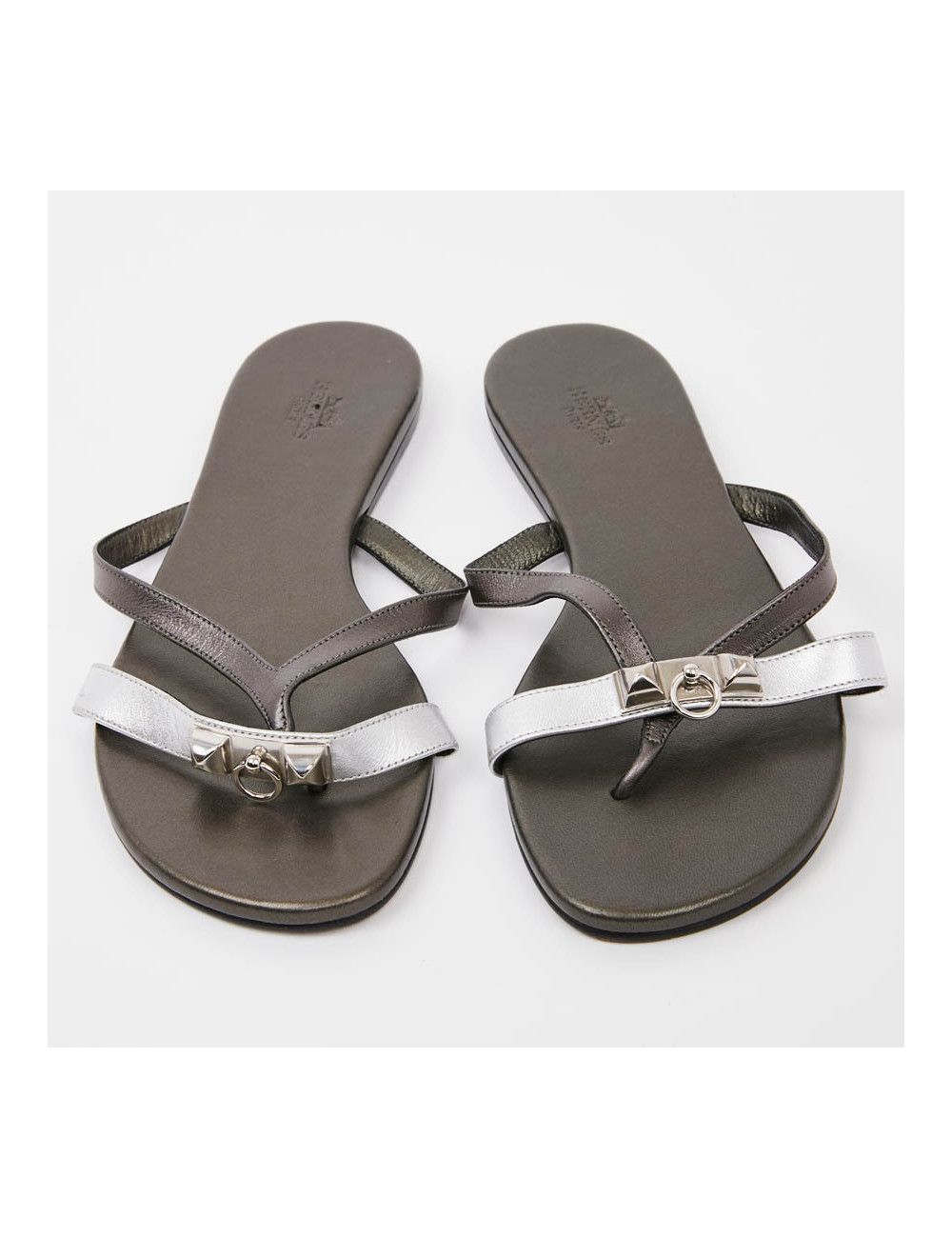 Sandales HERMES Corfou T37,5 cuir vert et argent