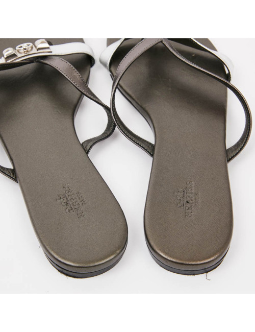 Sandales HERMES T37,5 cuir vert et argent