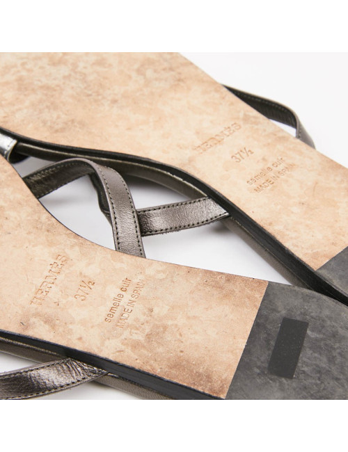 Sandales HERMES Corfou T37,5 cuir vert et argent