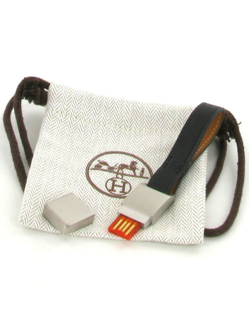 Dragonne clé USB HERMES cuir noir et métal 