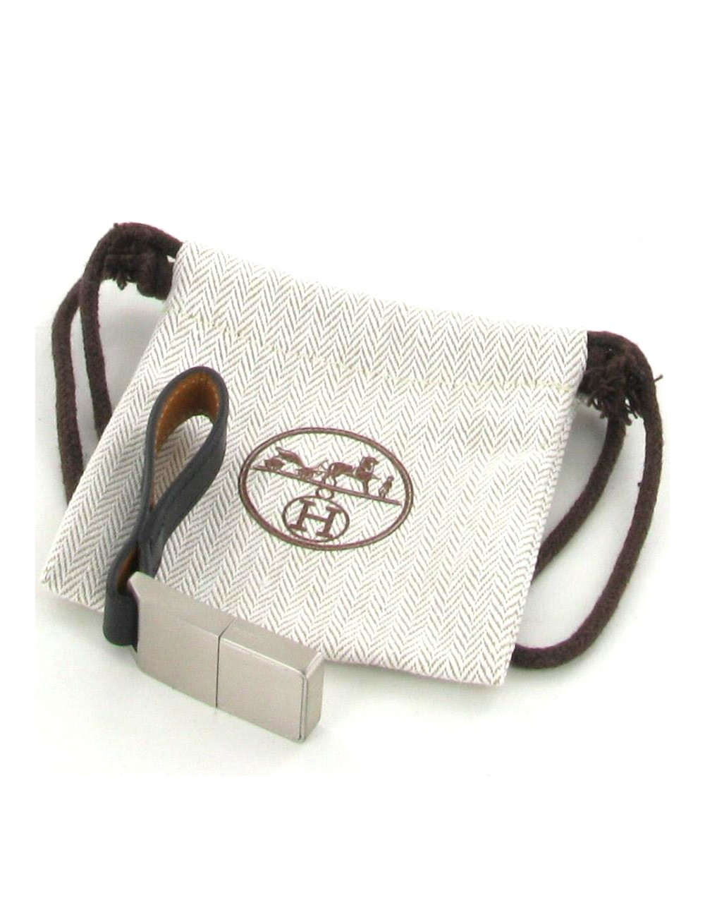 Dragonne clé USB HERMES cuir noir et métal 