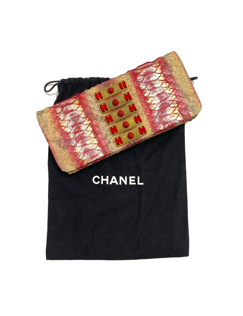 Pochette CHANEL python beige rose rouge