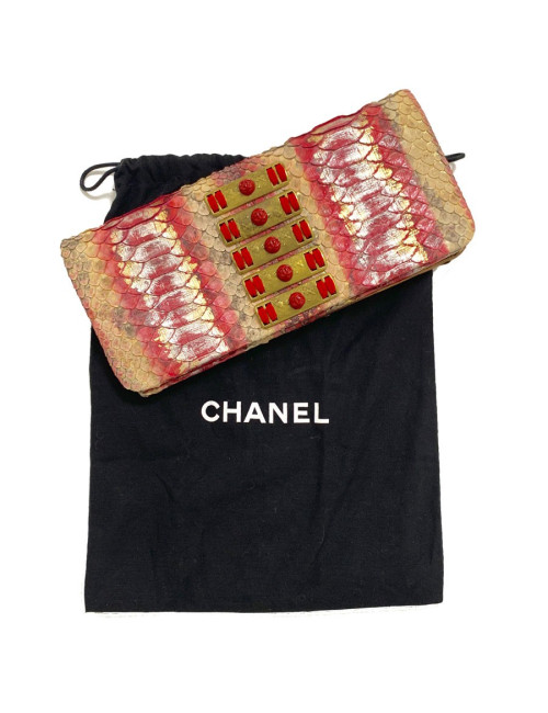 Pochette CHANEL python beige rose rouge
