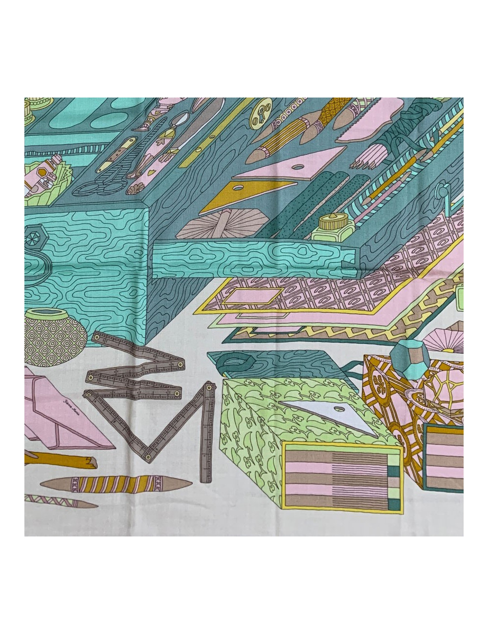 Châle HERMES "Les trésors  d'un artis" vert et vieux rose