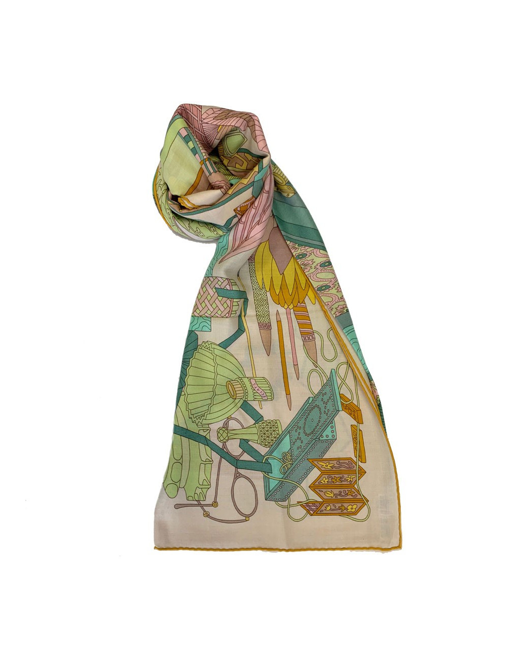 Châle HERMES "Les trésors  d'un artis" vert et vieux rose