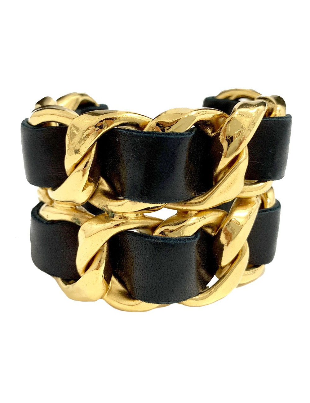 Manchette CHANEL cuir noir et or 