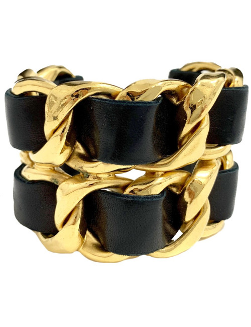 Manchette collector CHANEL cuir noir et métal