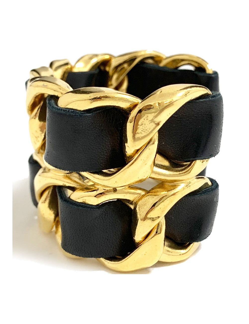 Manchette CHANEL cuir noir et or 