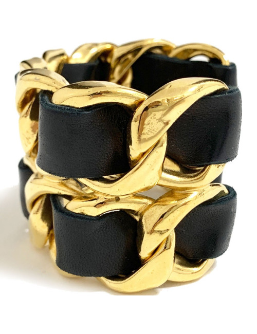 Manchette collector CHANEL cuir noir et métal