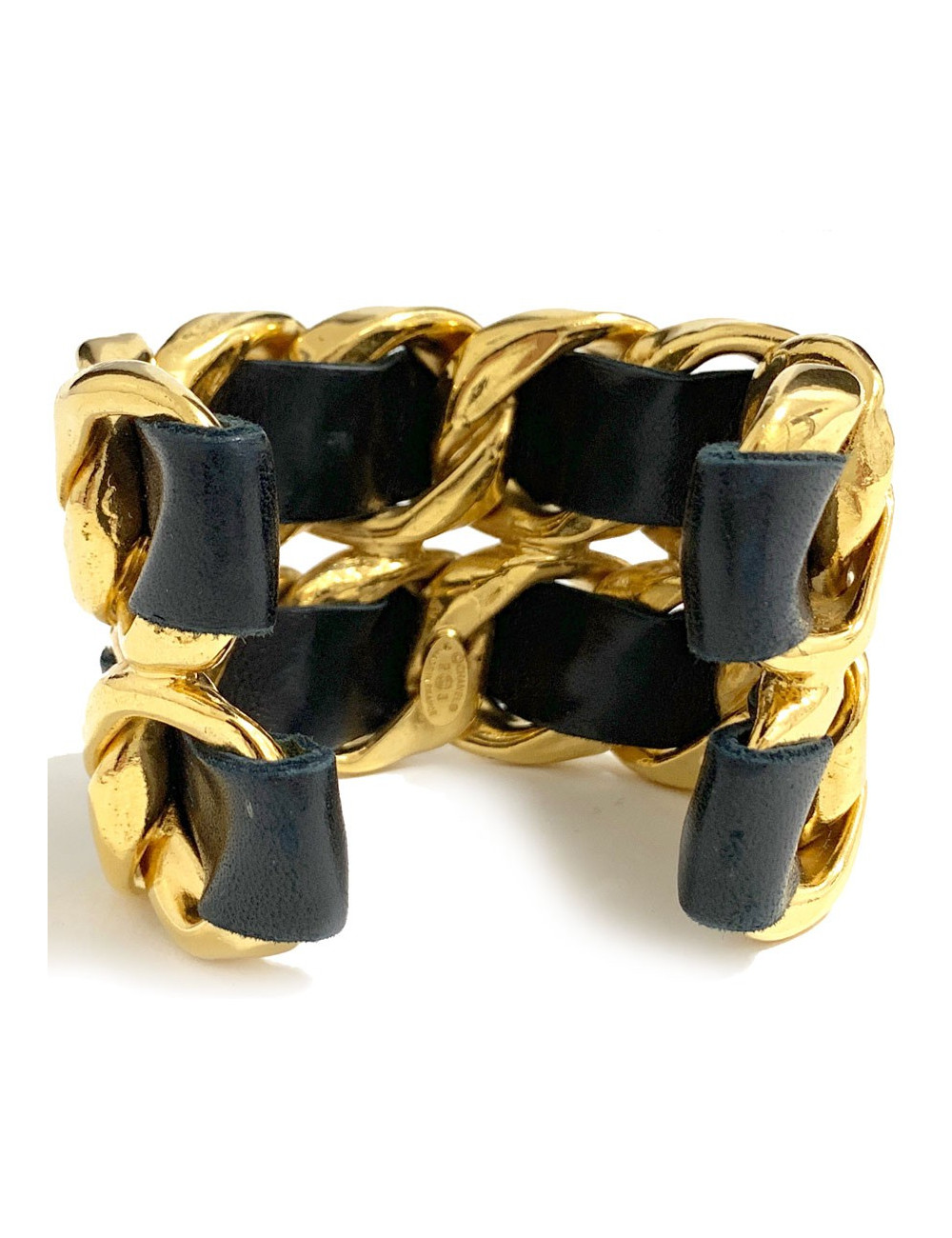 Manchette CHANEL cuir noir et or 