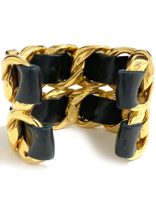 Manchette CHANEL cuir noir et or 
