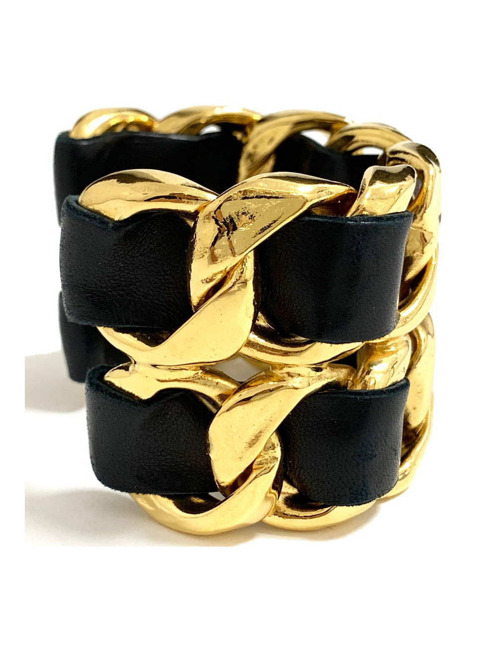 Manchette CHANEL cuir noir et or 