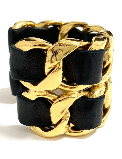 Manchette CHANEL cuir noir et or 