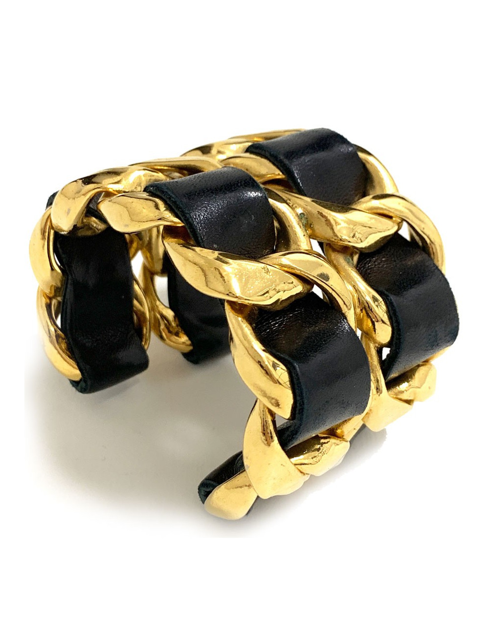 Manchette CHANEL cuir noir et or 
