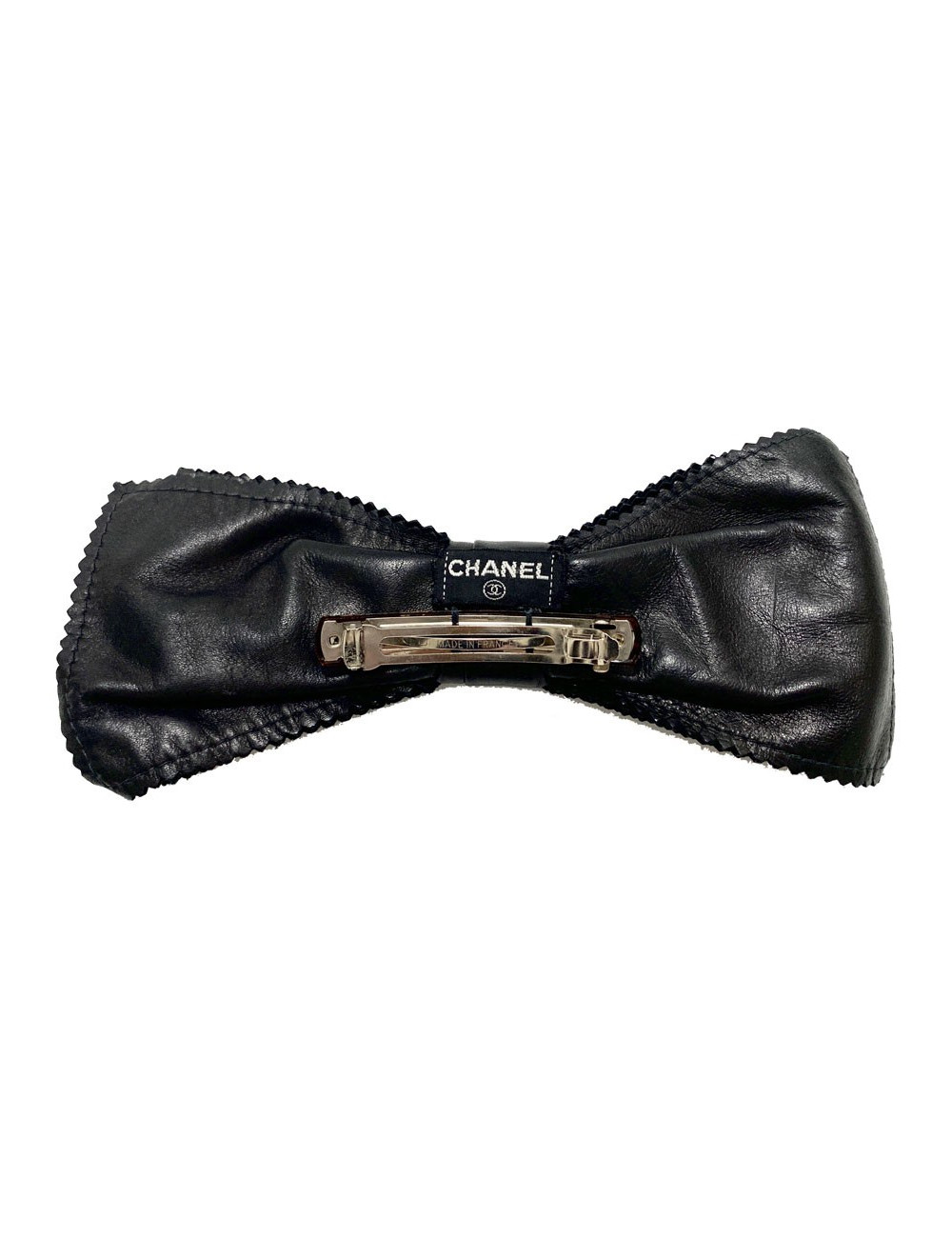 Barette CHANEL noeud cuir noir