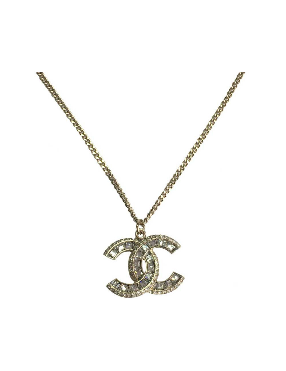 Collier CHANEL pendentif CC en strass et métal doré 