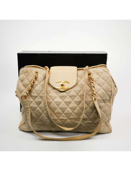 Cabas CHANEL de voyage en toile écrue Vintage GM