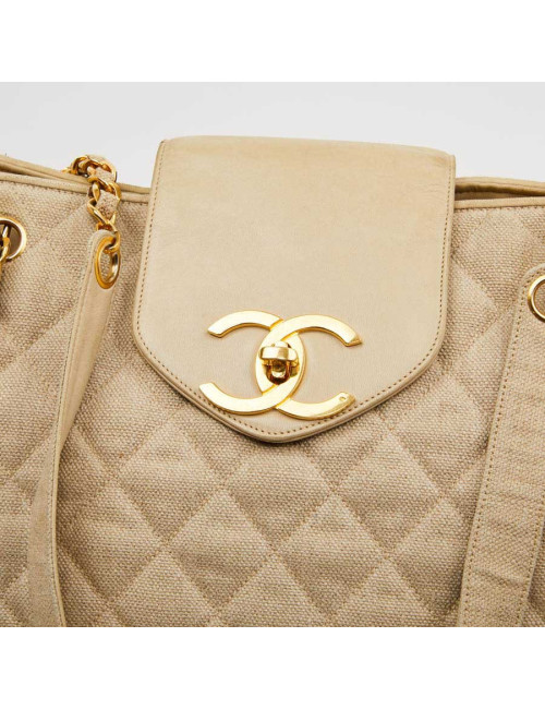 Cabas CHANEL de voyage en toile écrue Vintage GM