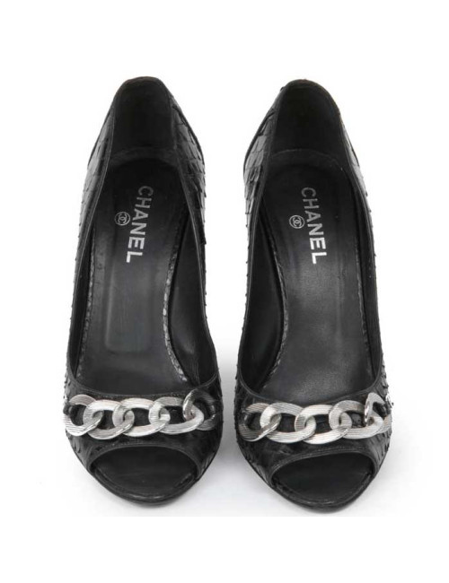 CHANEL high heel open toe sandals in black python leather size 39C