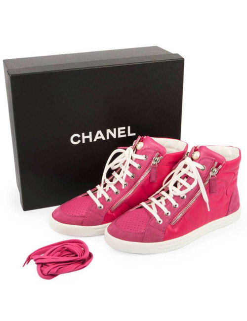 CHANEL Sneakers in pink fuchsia velvet and leather size 38FR