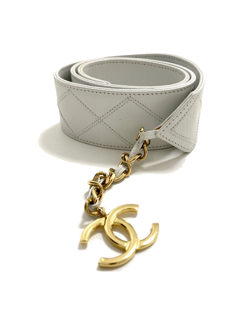Ceinture vintage CHANEL cuir matelassé blanc