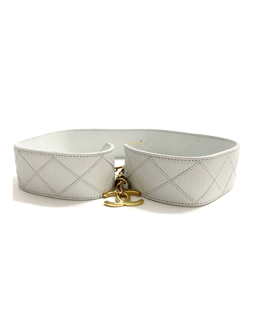 Ceinture vintage CHANEL cuir matelassé blanc