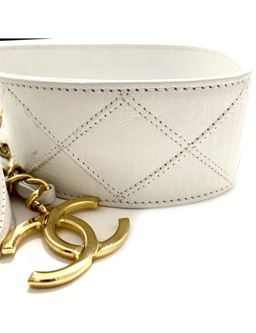 Ceinture vintage CHANEL cuir matelassé blanc