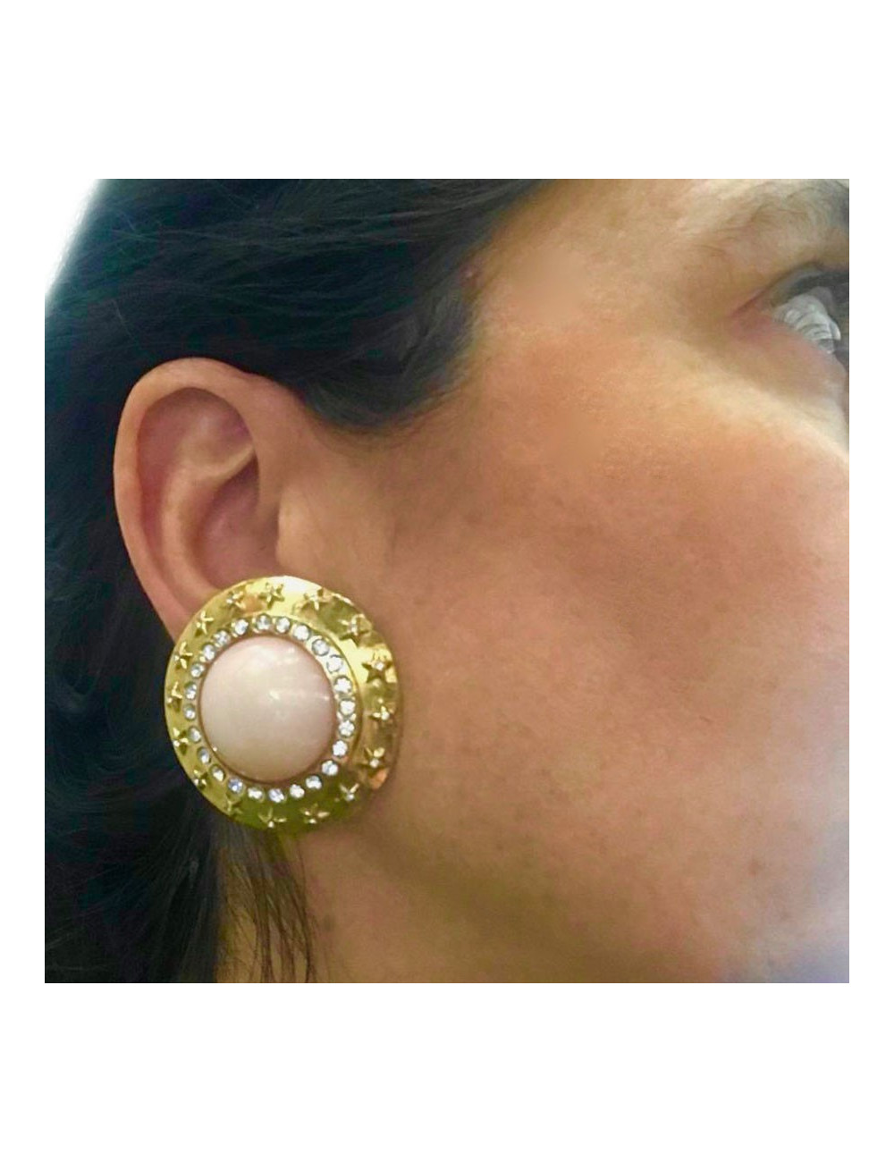 Clips CHANEL vintage rond rose et strass