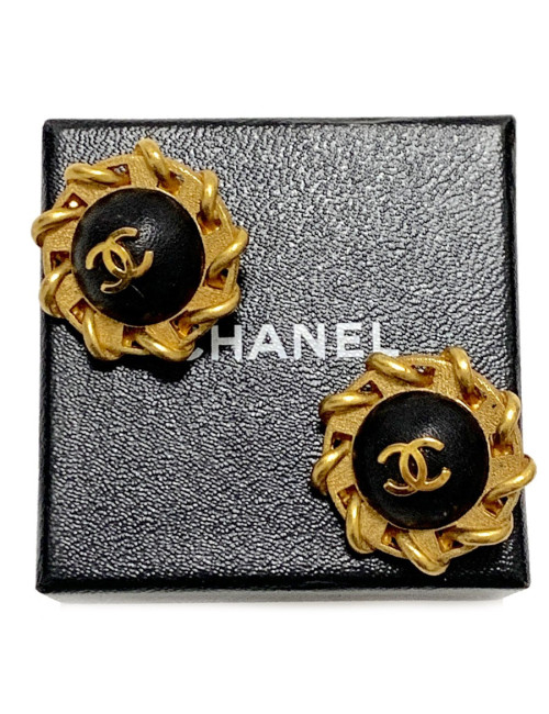 Clips CHANEL ronds cuir noir vintage