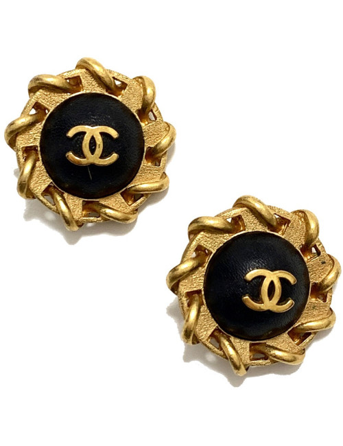 Clips CHANEL ronds cuir noir vintage