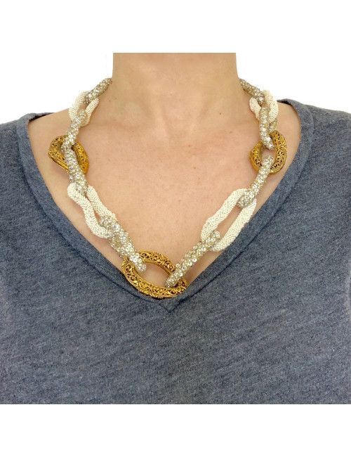 Collier CHANEL anneaux perles et strass vintage