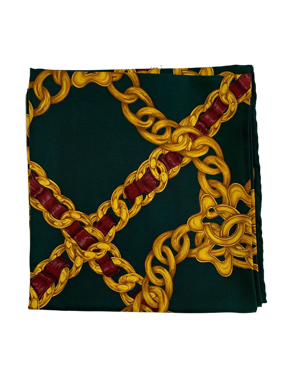 Carré CHANEL imprimé chaînes dorées en soie vert foncé 