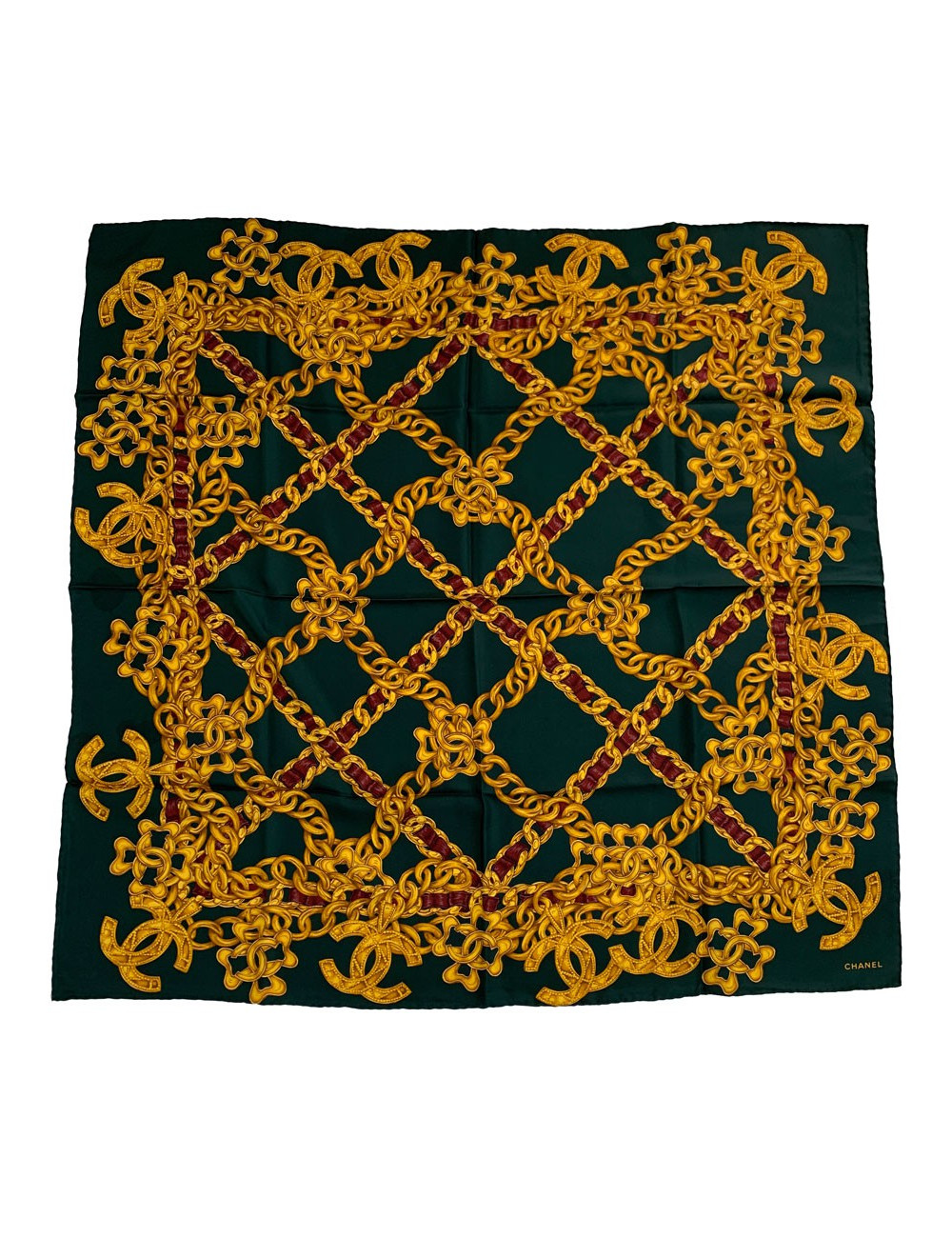Carré CHANEL imprimé chaînes dorées en soie vert foncé 
