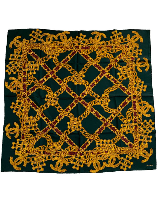 Carré CHANEL imprimé chaînes dorées en soie vert foncé 