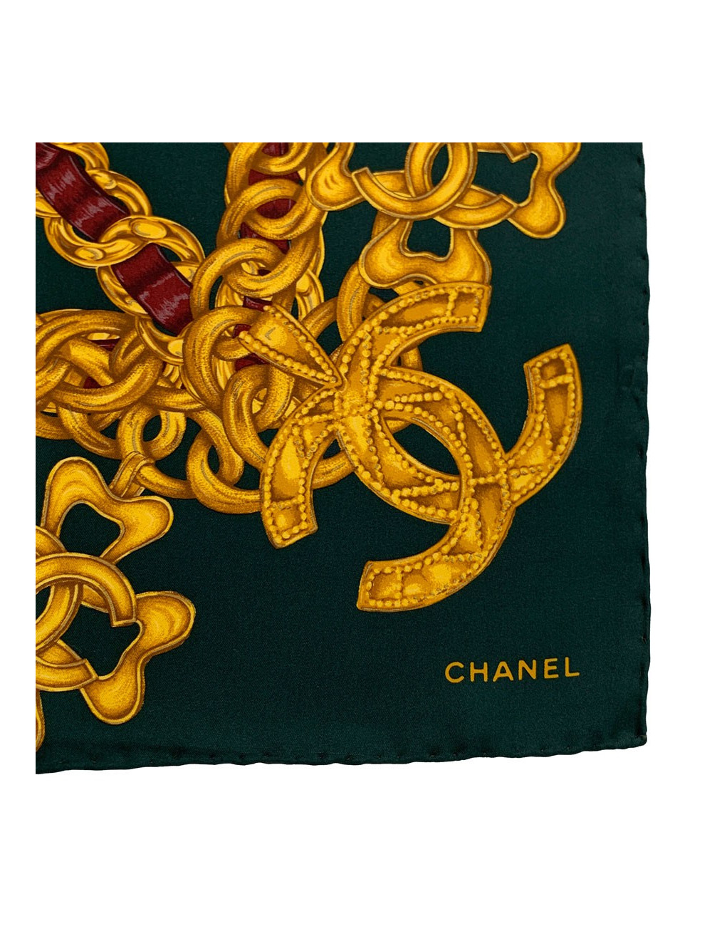 Carré CHANEL imprimé chaînes dorées en soie vert foncé 