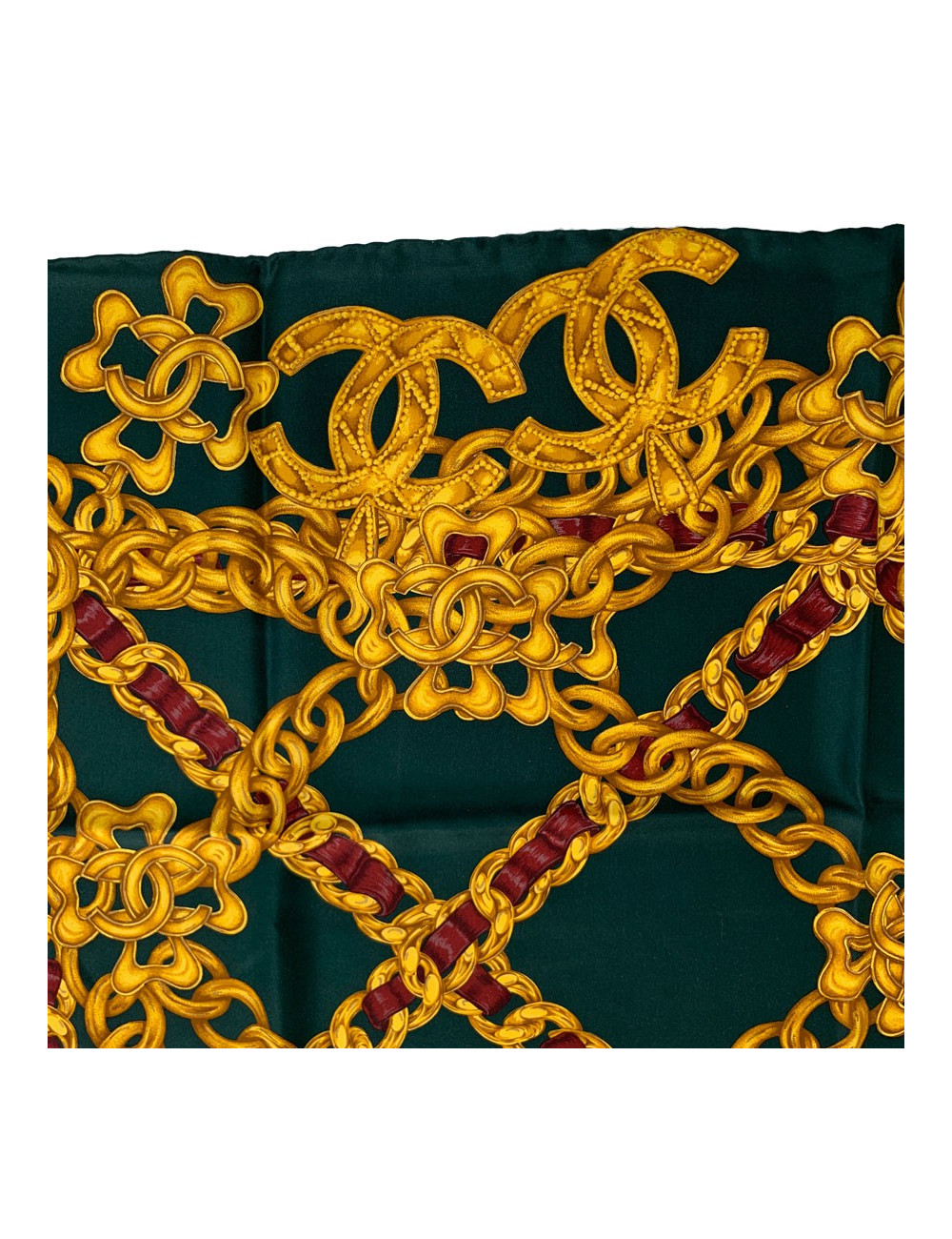 Carré CHANEL imprimé chaînes dorées en soie vert foncé 