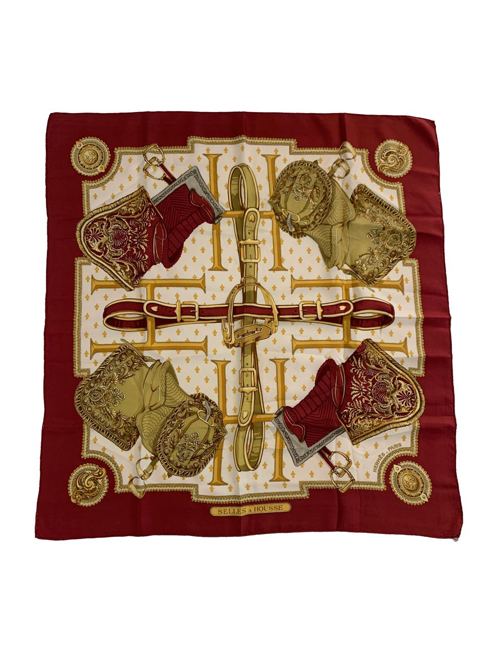 Carré HERMES 'Selles à Housse' en soie rouge vintage