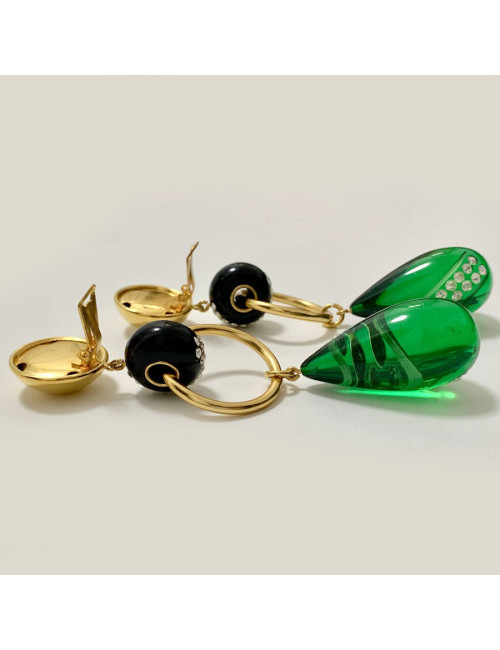 Boucles d'oreille clips pendantes vert émeraude