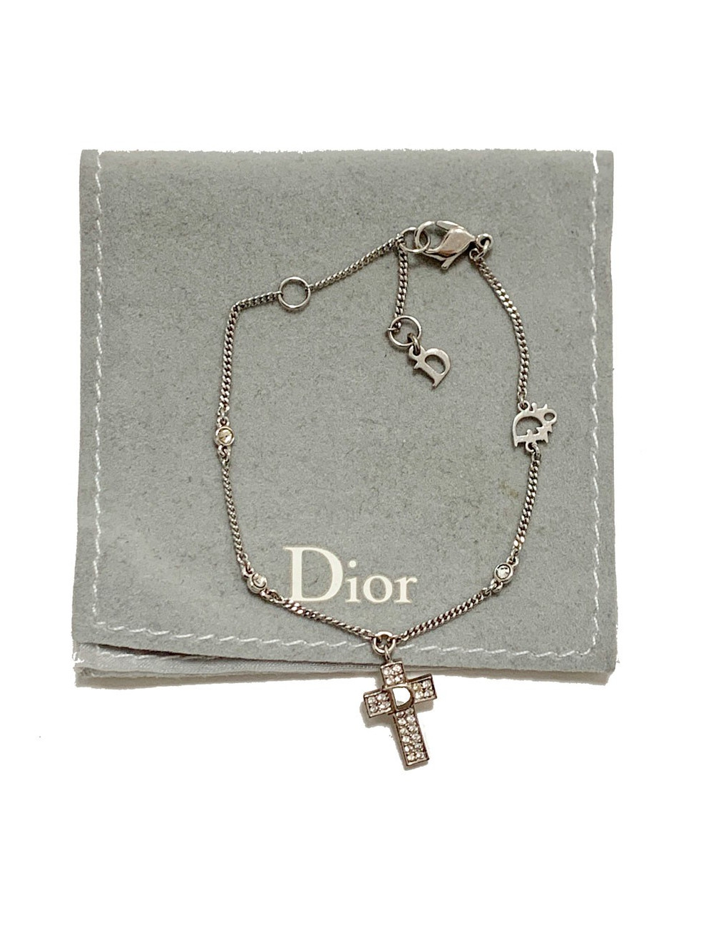 Bracelet DIOR croix strass et métal argenté