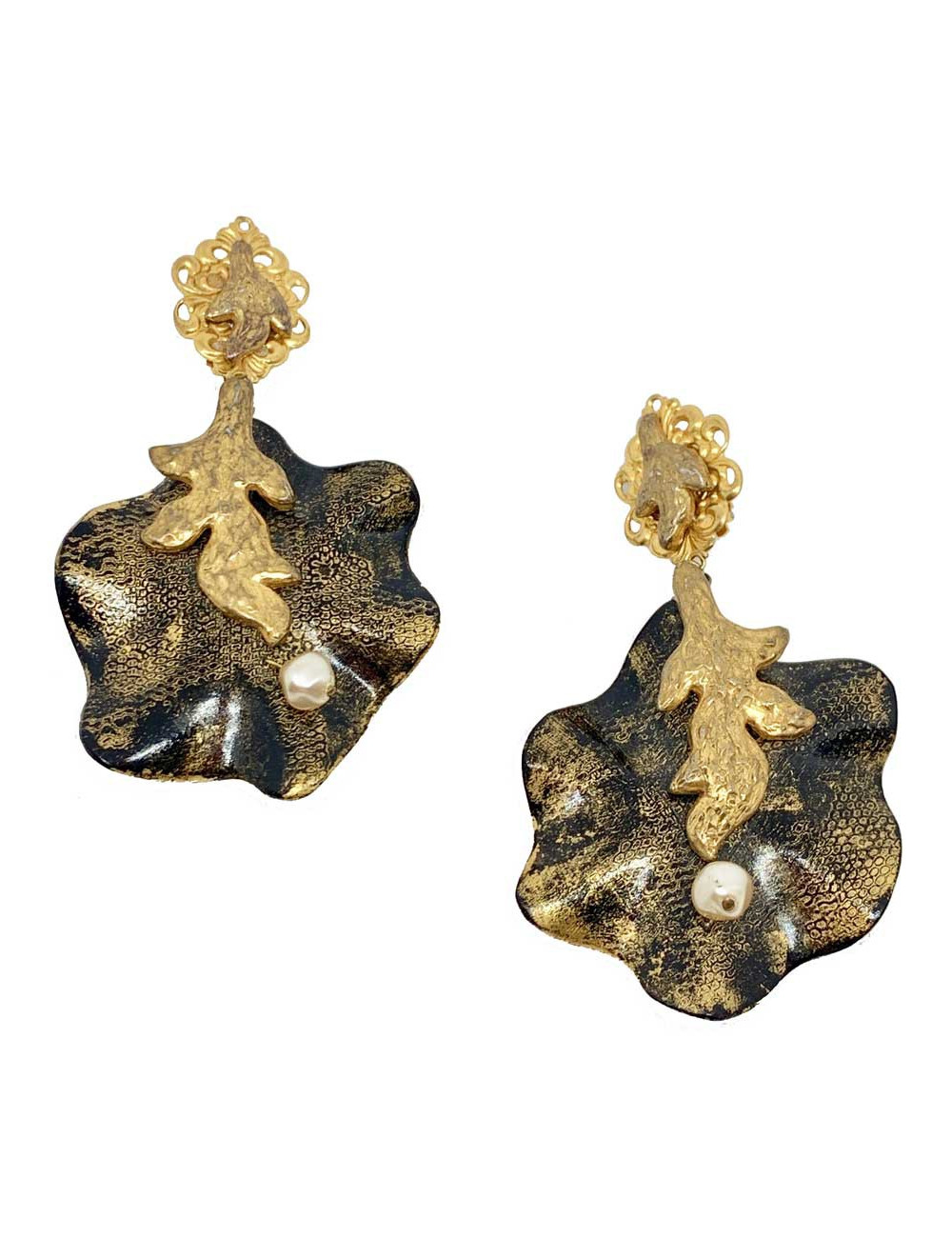 Boucles d'oreilles clips feuille bronze et doré vintage non signées