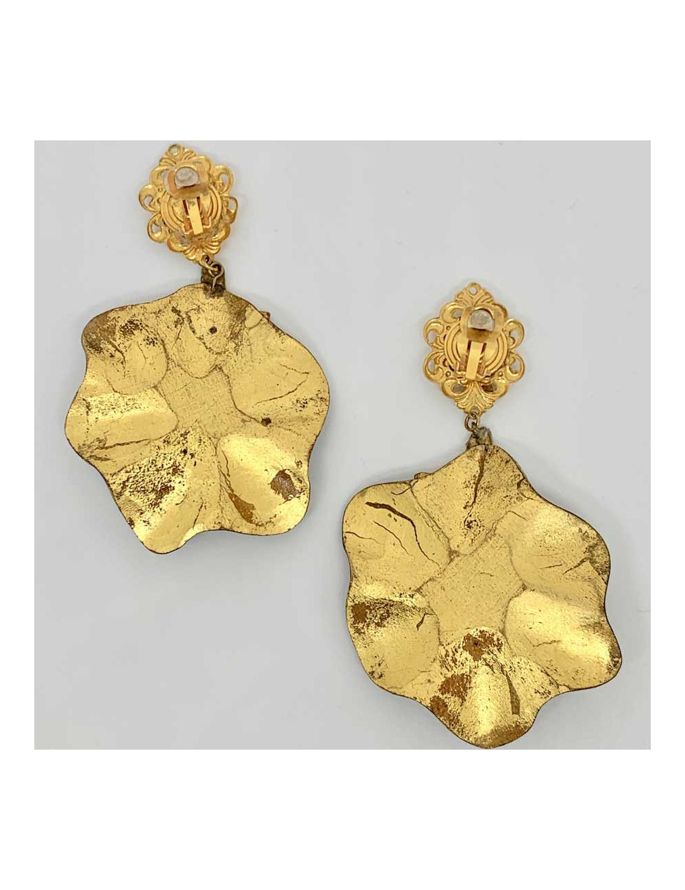 Boucles d'oreilles clips feuille bronze et doré vintage non signées