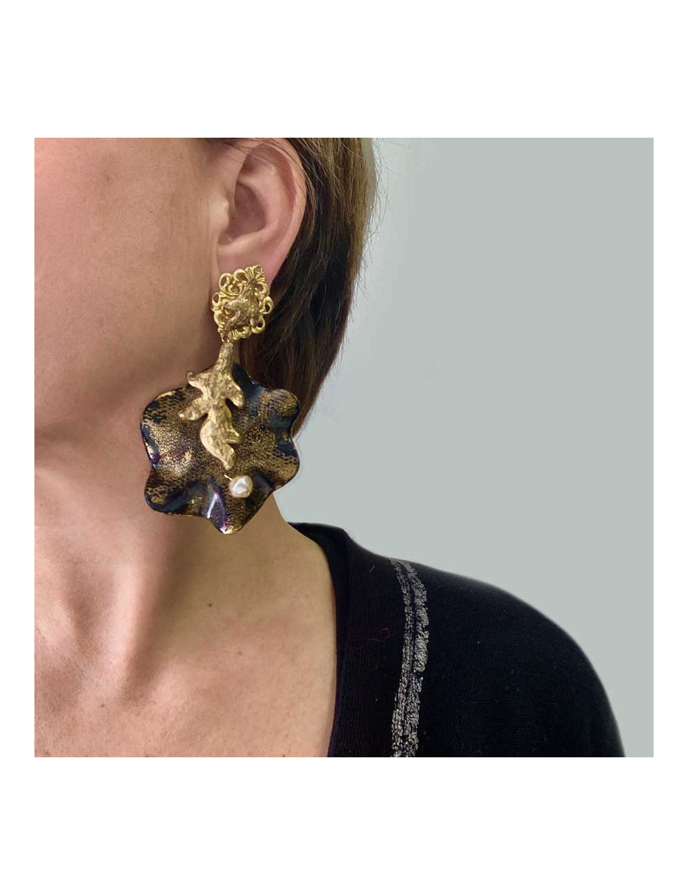 Boucles d'oreilles clips feuille bronze et doré vintage non signées